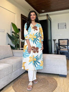 White Tropical Printed Kurti Pant Set Of 2 - BONYHUBSALWAR KAMEEZ