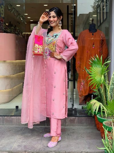Blush Pink Sequin Embroidery Silk Straight Suit Set - BONYHUBSALWAR KAMEEZ