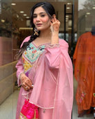 Blush Pink Sequin Embroidery Silk Straight Suit Set - BONYHUBSALWAR KAMEEZ