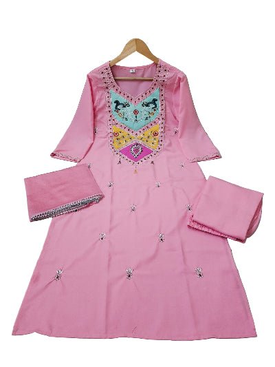 Blush Pink Sequin Embroidery Silk Straight Suit Set - BONYHUBSALWAR KAMEEZ