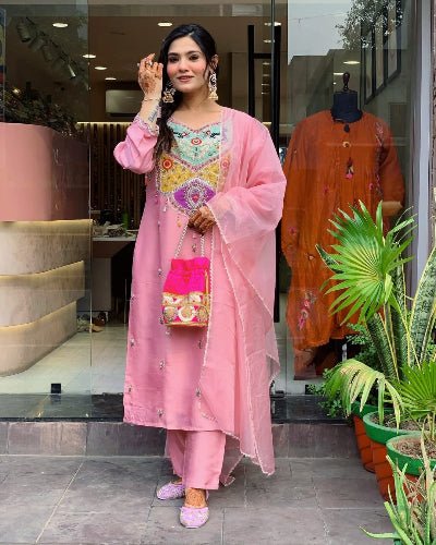 Blush Pink Sequin Embroidery Silk Straight Suit Set - BONYHUBSALWAR KAMEEZ