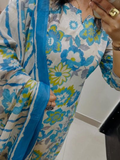 Sky Blue Floral Embroidery Cotton Straight Suit Set - BONYHUBSALWAR KAMEEZ