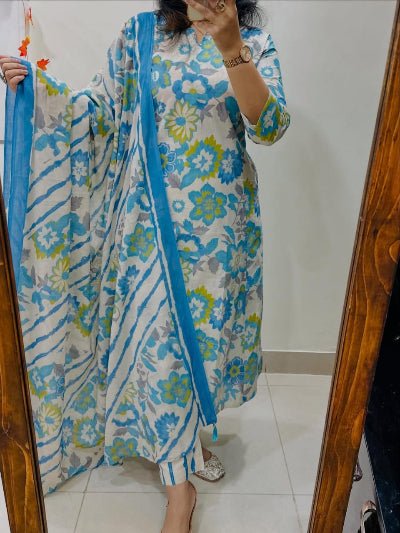 Sky Blue Floral Embroidery Cotton Straight Suit Set - BONYHUBSALWAR KAMEEZ