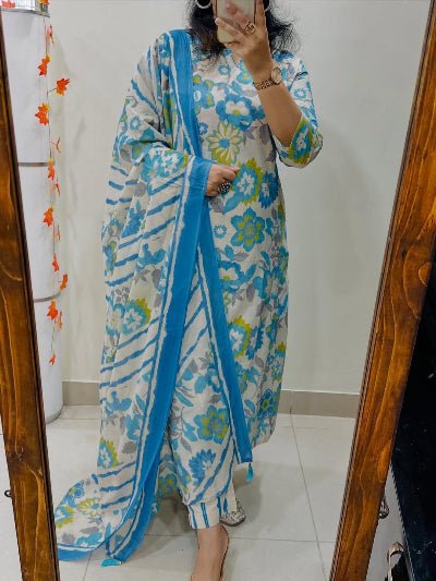 Sky Blue Floral Embroidery Cotton Straight Suit Set - BONYHUBSALWAR KAMEEZ