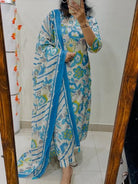 Sky Blue Floral Embroidery Cotton Straight Suit Set - BONYHUBSALWAR KAMEEZ