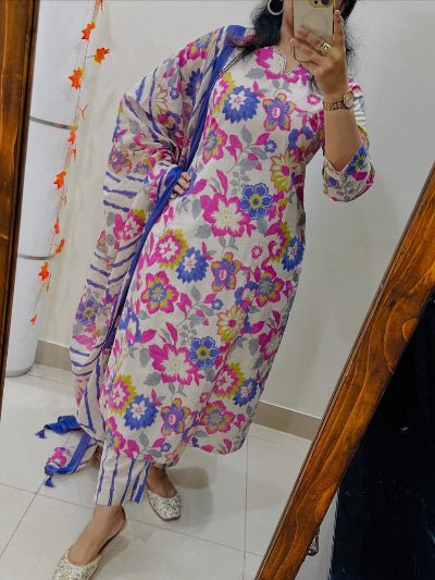 Blue Multicolour Floral Embroidery Cotton Straight Suit Set - BONYHUBSALWAR KAMEEZ