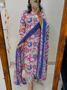 Blue Multicolour Floral Embroidery Cotton Straight Suit Set - BONYHUBSALWAR KAMEEZ