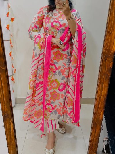 Pink Floral Embroidery Cotton Straight Suit Set - BONYHUBSALWAR KAMEEZ