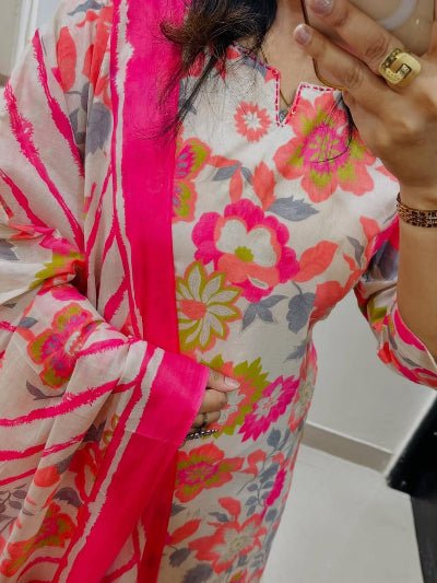 Pink Floral Embroidery Cotton Straight Suit Set - BONYHUBSALWAR KAMEEZ