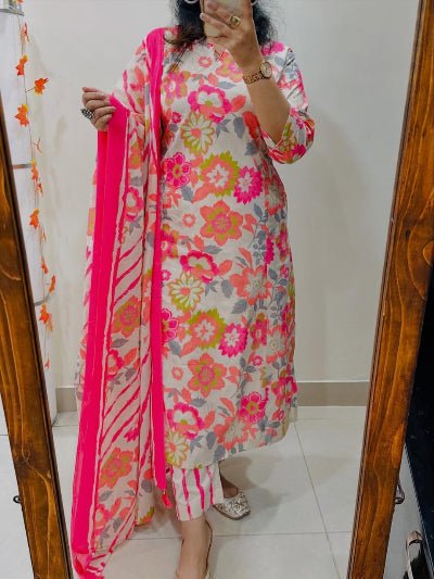 Pink Floral Embroidery Cotton Straight Suit Set - BONYHUBSALWAR KAMEEZ