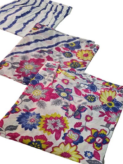 Blue Multicolour Floral Embroidery Cotton Straight Suit Set - BONYHUBSALWAR KAMEEZ