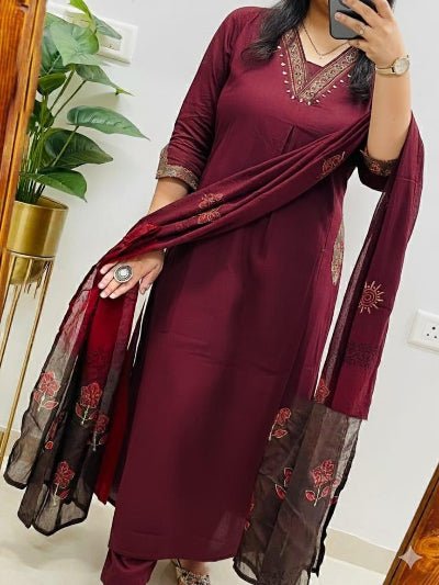 Classy Maroon Pure Cotton Printed Straight Suit Set - BONYHUBSALWAR KAMEEZ