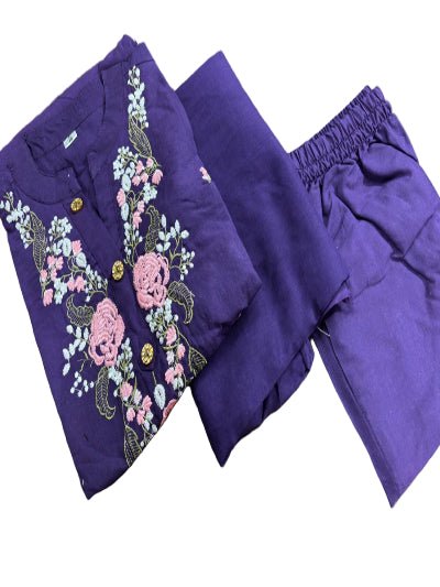 Purple Embroidery Cotton Straight Suit Set - BONYHUBSALWAR KAMEEZ