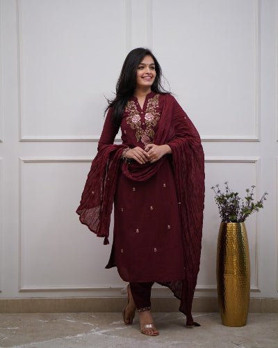 Mesmerising Burgandy Embroidery Cotton Straight Suit Set - BONYHUBSALWAR KAMEEZ
