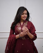 Mesmerising Burgandy Embroidery Cotton Straight Suit Set - BONYHUBSALWAR KAMEEZ