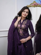 Purple Embroidery Cotton Straight Suit Set - BONYHUBSALWAR KAMEEZ