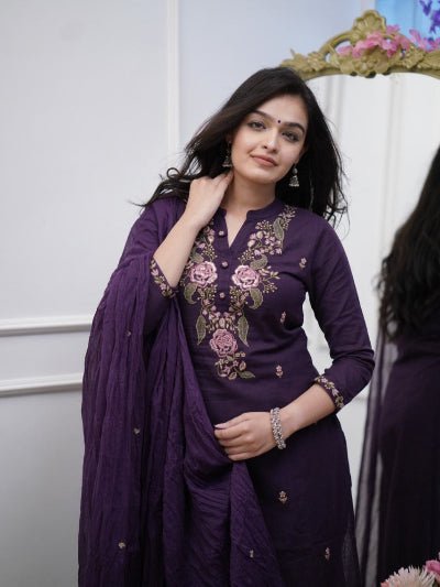 Purple Embroidery Cotton Straight Suit Set - BONYHUBSALWAR KAMEEZ