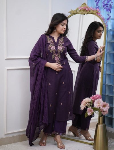 Purple Embroidery Cotton Straight Suit Set - BONYHUBSALWAR KAMEEZ