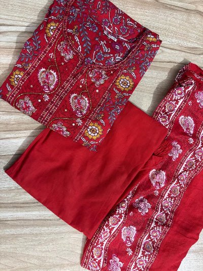 Elegant Red Handwork Cotton Anarkali Suit - BONYHUBSALWAR KAMEEZ