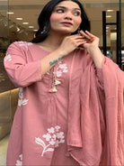 Peach Pink Pittan Handwork Cotton Straight Suit Set - BONYHUBSALWAR KAMEEZ