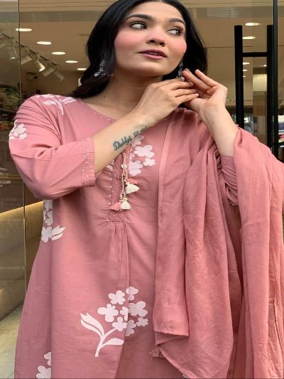 Peach Pink Pittan Handwork Cotton Straight Suit Set - BONYHUBSALWAR KAMEEZ