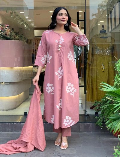 Peach Pink Elegant Embriodey Cotton Straight Suit Set - BONYHUBSALWAR KAMEEZ
