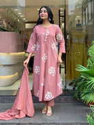 Peach Pink Elegant Embriodey Cotton Straight Suit Set - BONYHUBSALWAR KAMEEZ