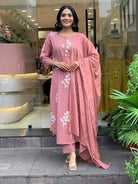 Peach Pink Pittan Handwork Cotton Straight Suit Set - BONYHUBSALWAR KAMEEZ