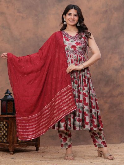 Red Elegant Floral Chanderi Anarkali Suit Set - BONYHUBSALWAR KAMEEZ