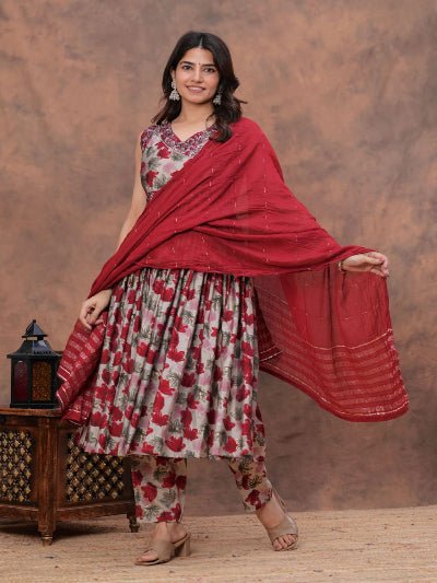 Red Elegant Floral Chanderi Anarkali Suit Set - BONYHUBSALWAR KAMEEZ