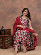 Red Elegant Floral Chanderi Anarkali Suit Set - BONYHUBSALWAR KAMEEZ