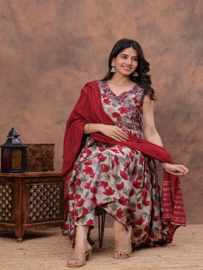 Red Elegant Floral Chanderi Anarkali Suit Set - BONYHUBSALWAR KAMEEZ