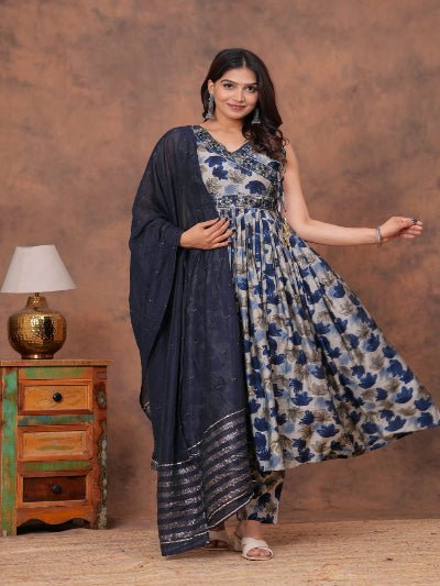 Blue Elegant Floral Chanderi Anarkali Suit Set - BONYHUBSALWAR KAMEEZ