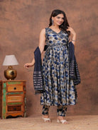 Blue Elegant Floral Chanderi Anarkali Suit Set - BONYHUBSALWAR KAMEEZ