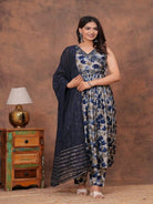 Blue Elegant Floral Chanderi Anarkali Suit Set - BONYHUBSALWAR KAMEEZ