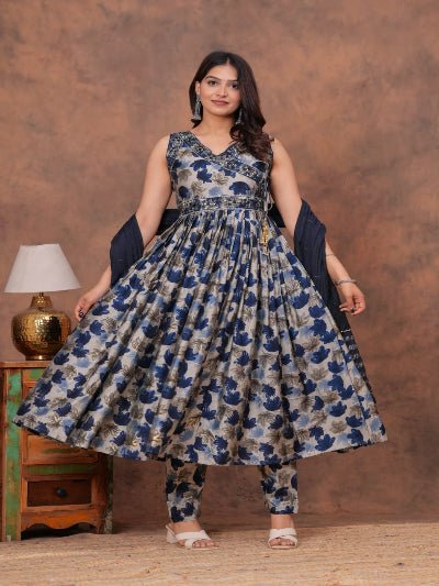 Blue Elegant Floral Chanderi Anarkali Suit Set - BONYHUBSALWAR KAMEEZ