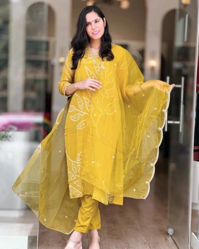 Elegant Yellow Embriodery Cotton Straight Suit Set - BONYHUBSALWAR KAMEEZ