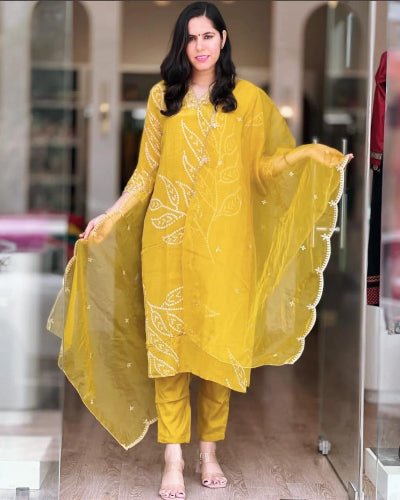 Elegant Yellow Embriodery Cotton Straight Suit Set - BONYHUBSALWAR KAMEEZ