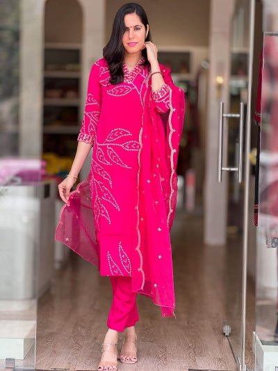 Elegant Magenta Embriodery Cotton Straight Suit Set - BONYHUBSALWAR KAMEEZ
