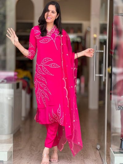 Elegant Magenta Embriodery Cotton Straight Suit Set - BONYHUBSALWAR KAMEEZ
