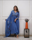 Ocean Blue Elegant printed Malmal Embroidery Anarkali Suit Set - BONYHUBSALWAR KAMEEZ