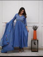 Ocean Blue Elegant printed Malmal Embroidery Anarkali Suit Set - BONYHUBSALWAR KAMEEZ