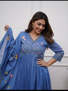 Ocean Blue Elegant printed Malmal Embroidery Anarkali Suit Set - BONYHUBSALWAR KAMEEZ