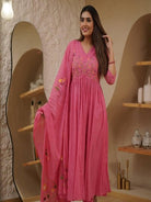 Pink Elegant Malmal Embroidery Anarkali Suit With Malmal Dupatta - BONYHUBSALWAR KAMEEZ