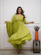 Green Elegant Embroidery Anarkali Suit With Malmal Dupatta - BONYHUBSALWAR KAMEEZ