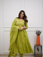 Green Elegant Embroidery Anarkali Suit With Malmal Dupatta - BONYHUBSALWAR KAMEEZ