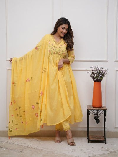 Yellow Elegant Embroidery Anarkali Suit Malmal Dupatta - BONYHUBSALWAR KAMEEZ