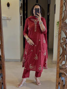 Rusty Red Embroidery Pure Cotton Straight Suit Set - BONYHUBSALWAR KAMEEZ