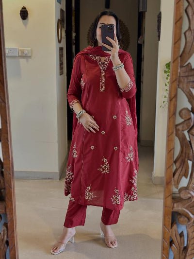 Rusty Red Embroidery Pure Cotton Straight Suit Set - BONYHUBSALWAR KAMEEZ