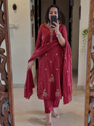 Rusty Red Embroidery Pure Cotton Straight Suit Set - BONYHUBSALWAR KAMEEZ
